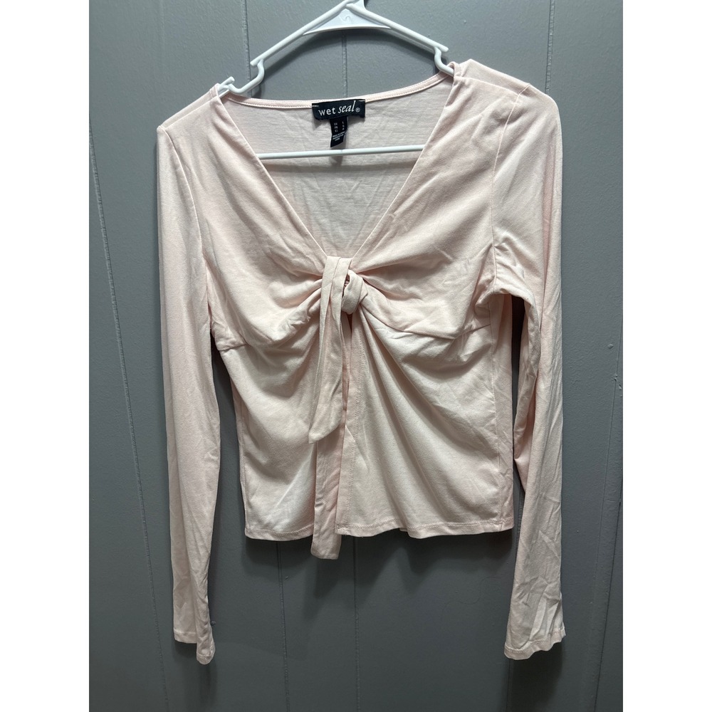 Wet Seal Pink Long Sleeve Tie Front V-Neck Top Large